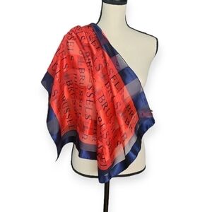 Vintage 90s Red Blue Brussels Travel Scarf 39x39
